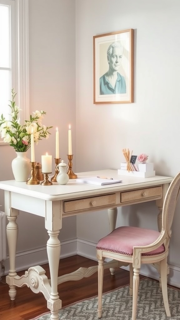 A collection of candles in various sizes and colors arranged on a white surface, along with a decorative plant and a mirror reflecting the warm glow.