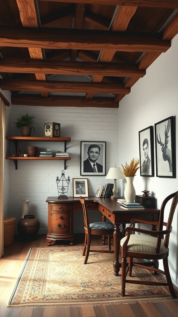 Cozy home office with rustic wooden beams, vintage desk, and warm decor.