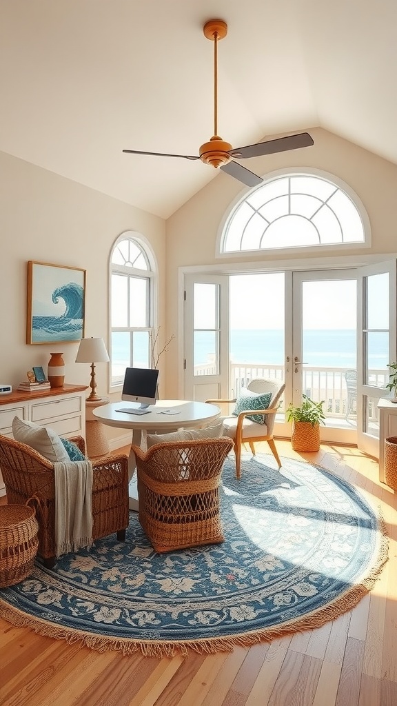 A bright coastal cottage home office with beige walls, a round blue rug, woven chairs, and a view of the ocean through large windows.