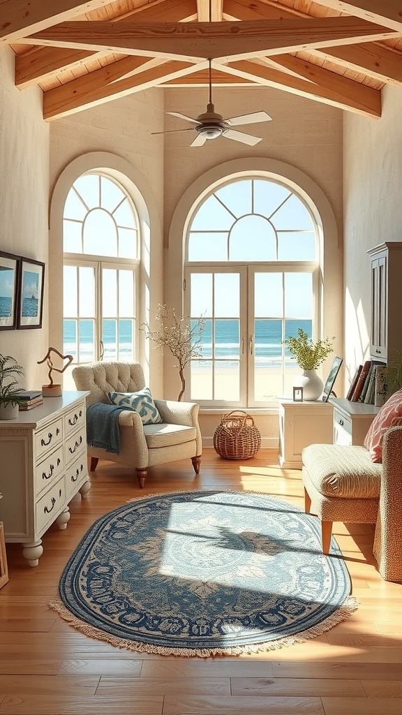 A cozy coastal cottage home office with large windows, wooden beams, and soft beige decor.