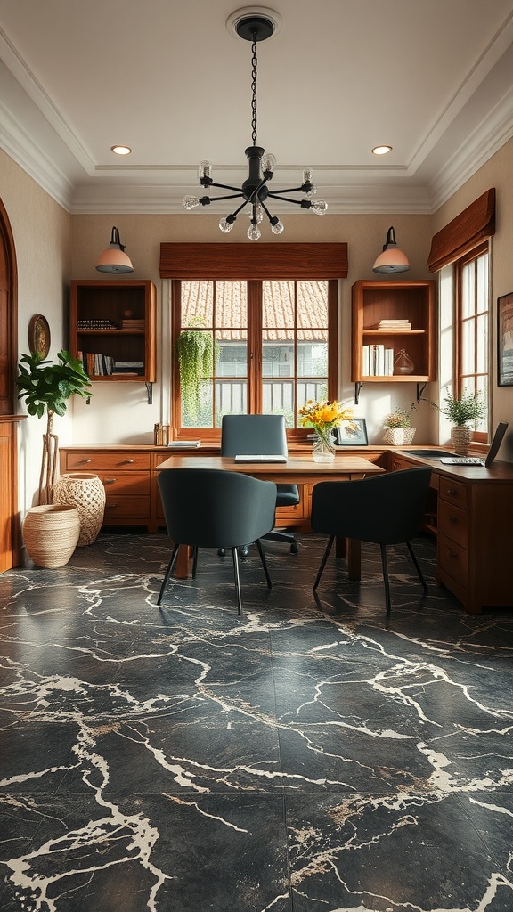 A home office with Rustic Emperador Dark Marble flooring, featuring rich brown tones and cream veins, complemented by wooden furniture.