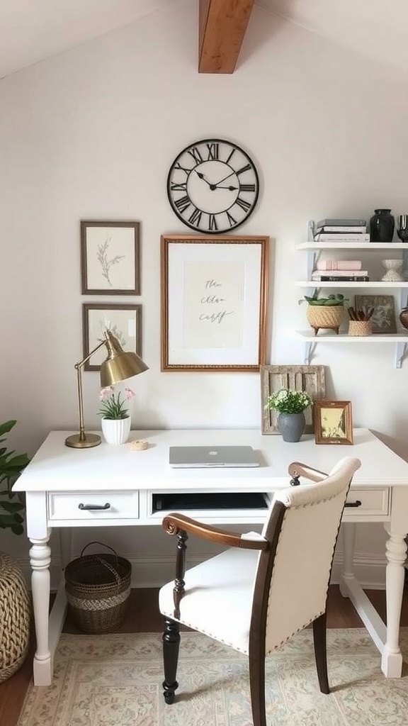 A cozy home office with rustic farmhouse decor, featuring wooden furniture, plants, and soft colors.