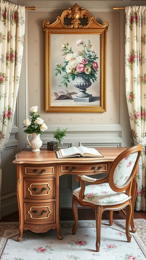 A vintage home office featuring a wooden desk, floral curtains, and a decorative painting