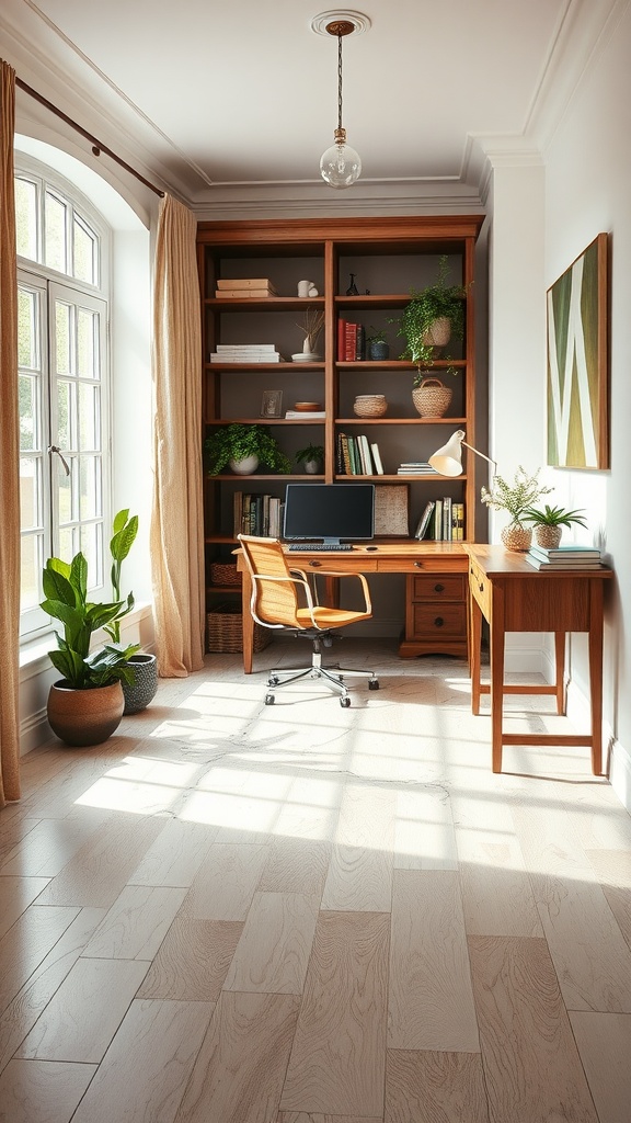 A bright home office featuring rustic white oak marble flooring, a wooden desk, and a comfortable chair with large windows allowing natural light.