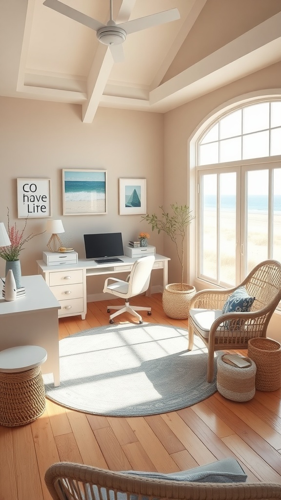 A cozy beach house interior featuring sandy neutrals and ocean hues, with a desk, comfortable chair, and decorative elements.