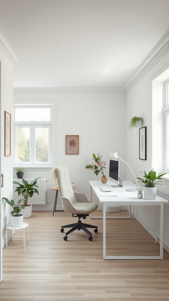 Minimalist Scandinavian style home office with plants, white desk, and light wooden flooring.