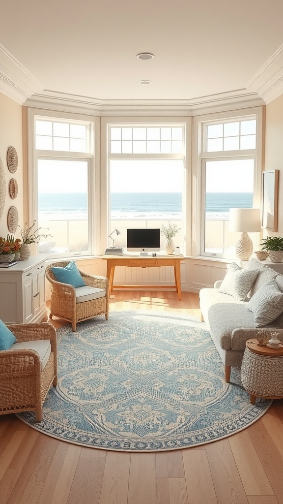 Cozy beach house home office with large windows overlooking the ocean, featuring a beige aesthetic and coastal decor.