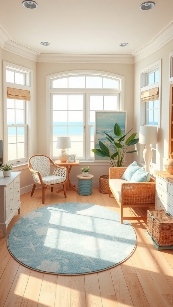 Bright coastal cottage home office with large windows, beach view, soft beige tones, and blue accents.