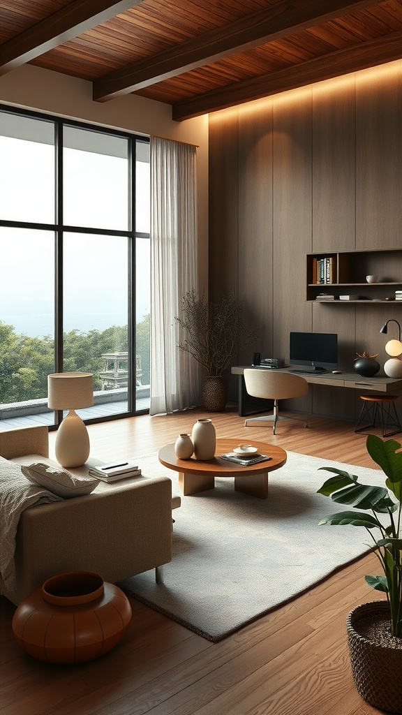 A serene living room with a stylish workspace, featuring large windows, minimalistic furniture, and warm wooden accents
