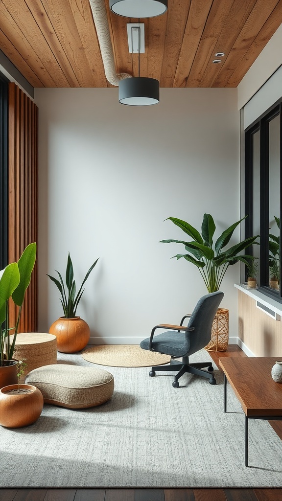 A bright and serene home office nook with a desk, chair, and plants, blending with a cozy bedroom aesthetic.