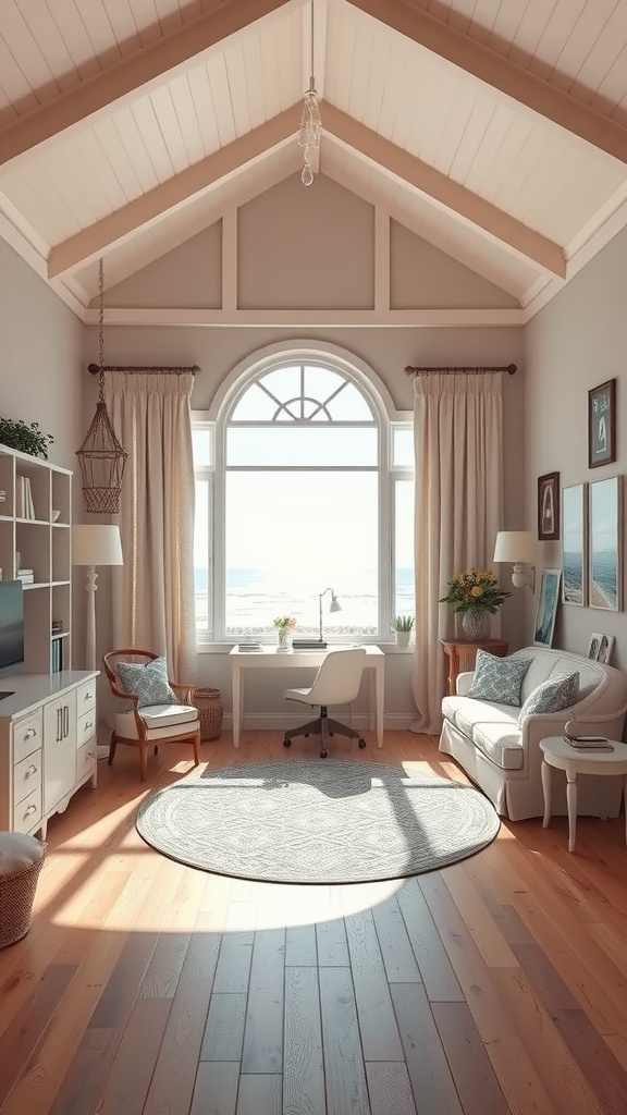 A cozy coastal cottage home office featuring beige and light brown decor, wooden floors, and a large window with a view.