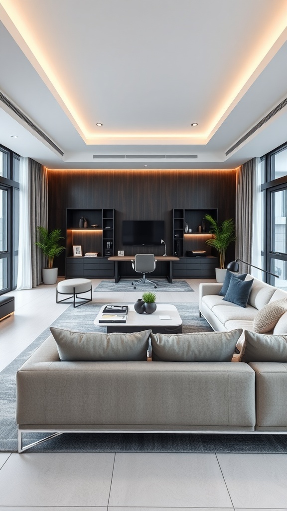 A sleek modern living room featuring a stylish work area with a desk and ergonomic chair, complemented by warm lighting and cozy decor.