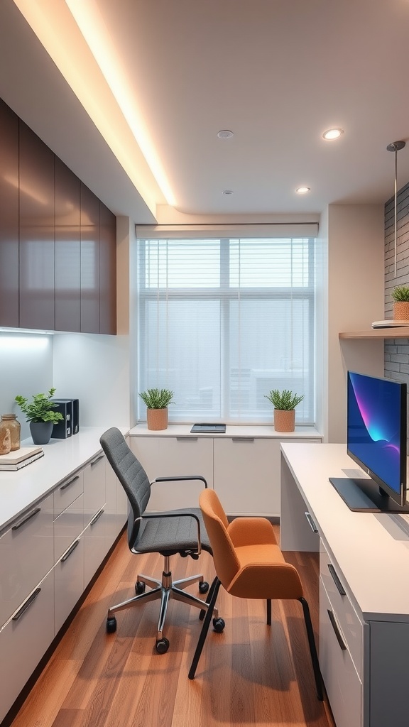 A modern home office featuring tech integration with a gray ergonomic chair and an orange chair, designed for comfort and efficiency.