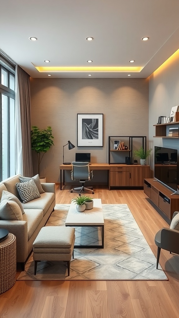 A modern living room with a cozy office setup featuring a desk and comfortable chair.