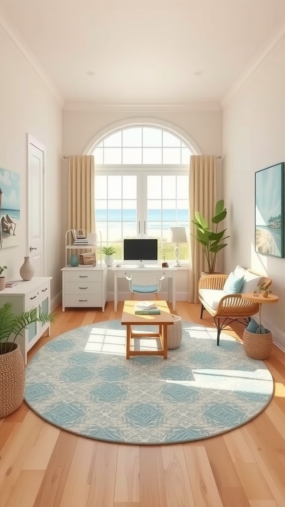 A cozy coastal cottage home office featuring soft beige walls, green plants, and bright natural light.