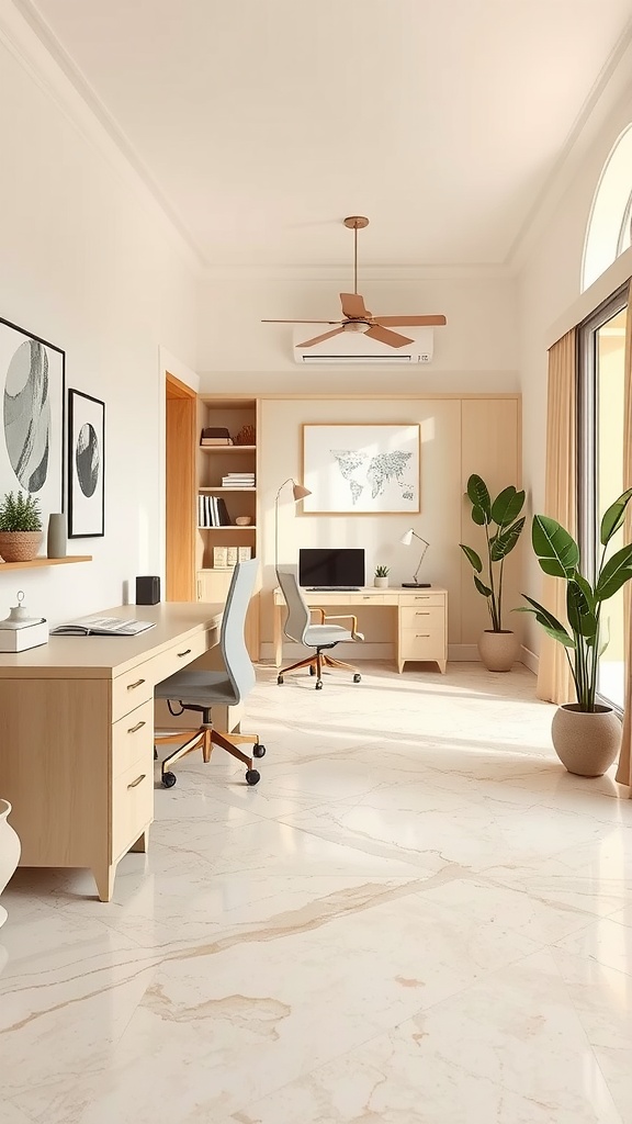 A bright home office featuring soft beige Botticino marble flooring, light wooden furniture, and green plants.