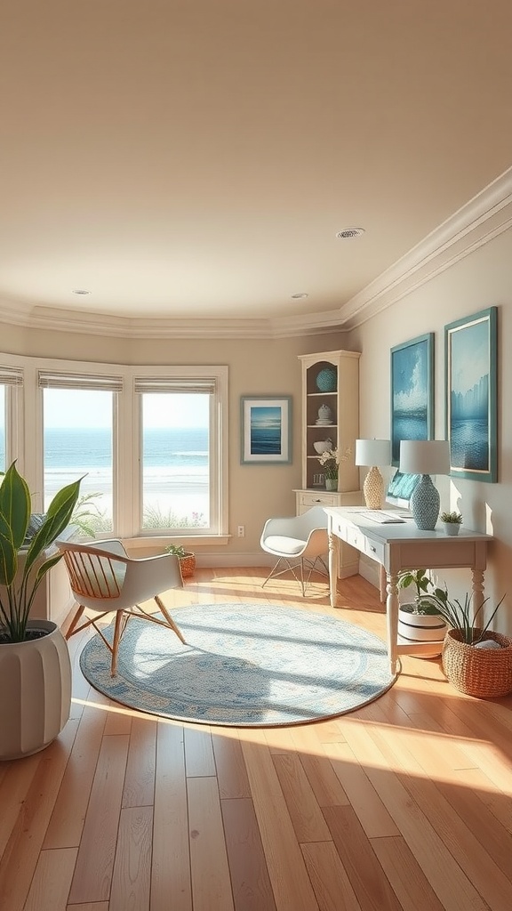 Coastal cottage home office with soft beige walls, natural light, and beach view
