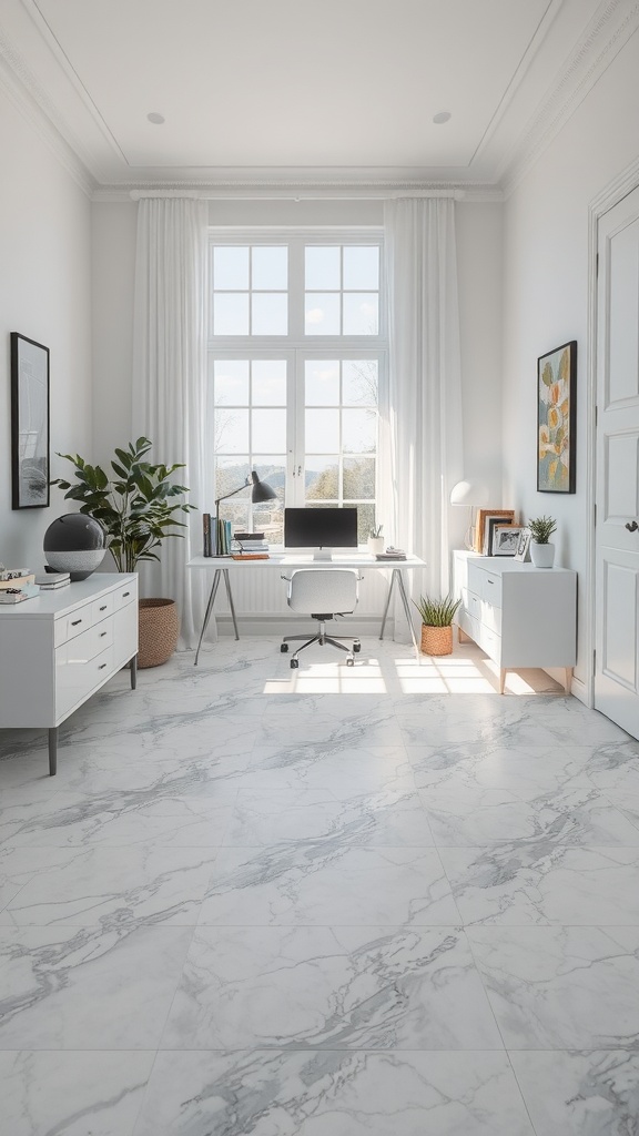 A modern home office with soft gray pearl marble flooring, featuring a desk, plant, and large windows.