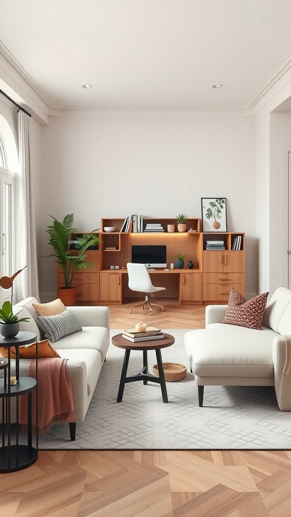 A soft neutral living room featuring a modern office setup with a cozy couch, stylish decor, and a workspace.