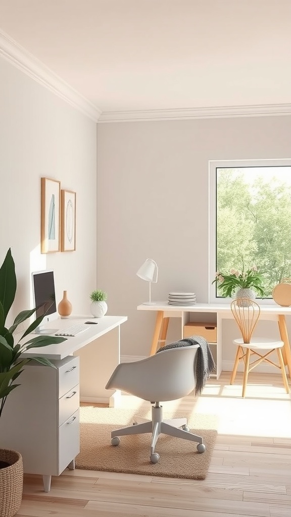 Minimalist office space with soft pastel colors and natural light