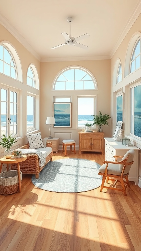 A bright coastal cottage home office with soft beige walls, rattan furniture, and ocean views.