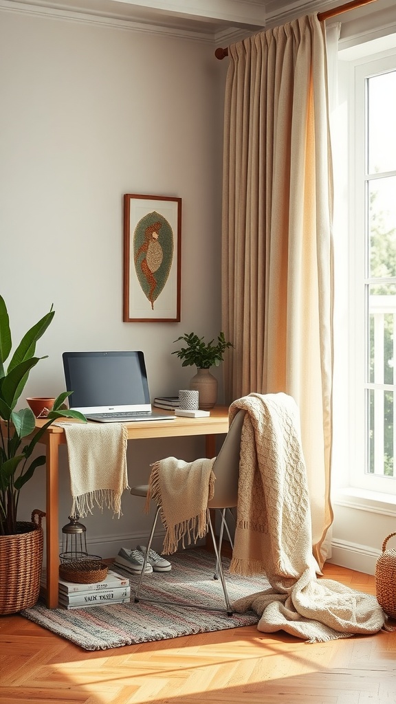 A bright and cozy home office with soft curtains, woven poufs, and pastel accents.