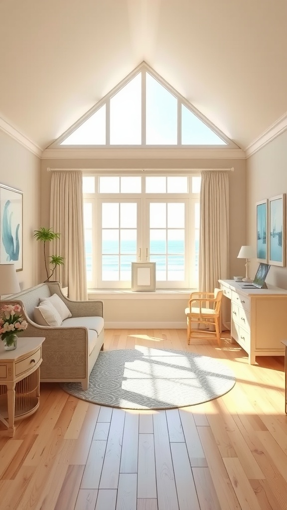 A serene coastal cottage home office with soft beige tones, natural light, and a calming atmosphere.