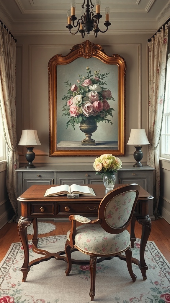 A sophisticated 1940s home office featuring a wooden desk, floral chair, and elegant decor.