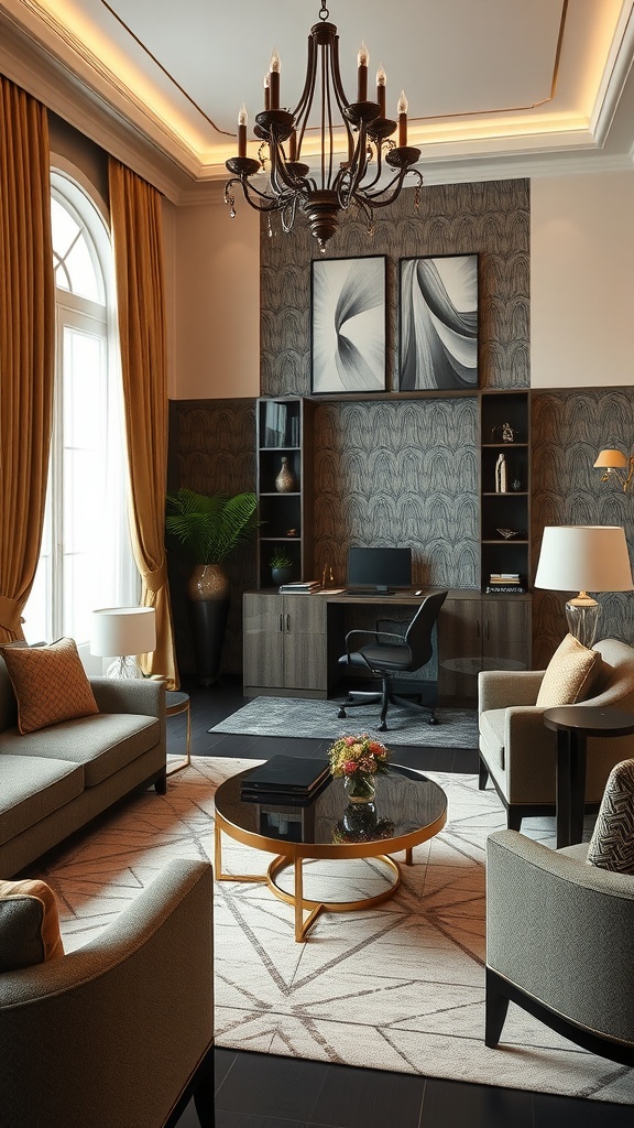 A sophisticated living room with an Art Deco style, featuring a cozy office nook, elegant furniture, and warm lighting.