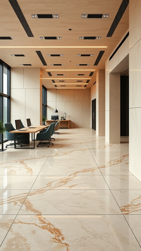 A modern office with beige and brown marble flooring showcasing elegant design and natural light.