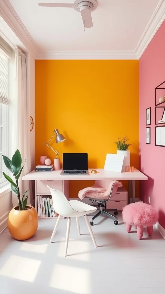 A vibrant home office with color-blocked walls in orange and pink, featuring a modern desk, stylish chair, and playful decor.