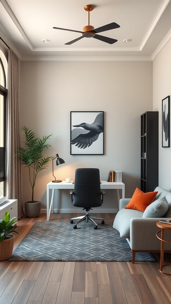 A cozy home office setup in a bedroom featuring a white desk, black office chair, and a comfortable couch with decorative pillows.