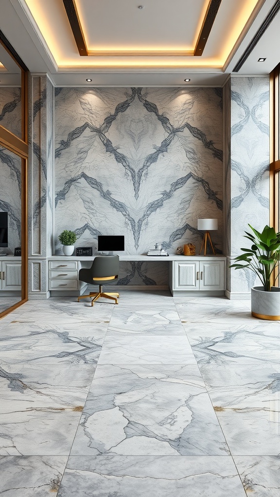 Home office with gray marble flooring and gold accents, modern design