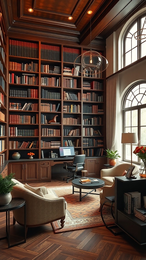 Sophisticated library-style office with dark wooden bookshelves, cozy seating, and a stylish desk.