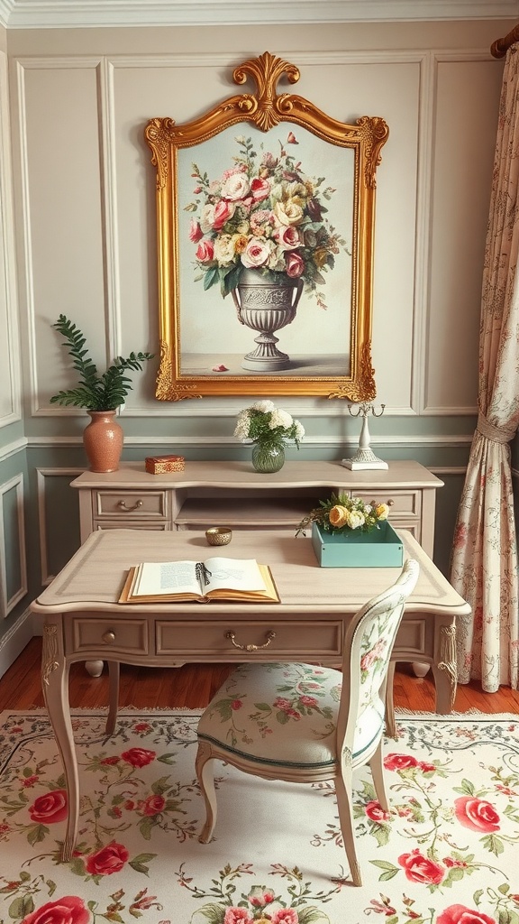 A vintage home office with a floral painting, ornate desk, and cozy chair.