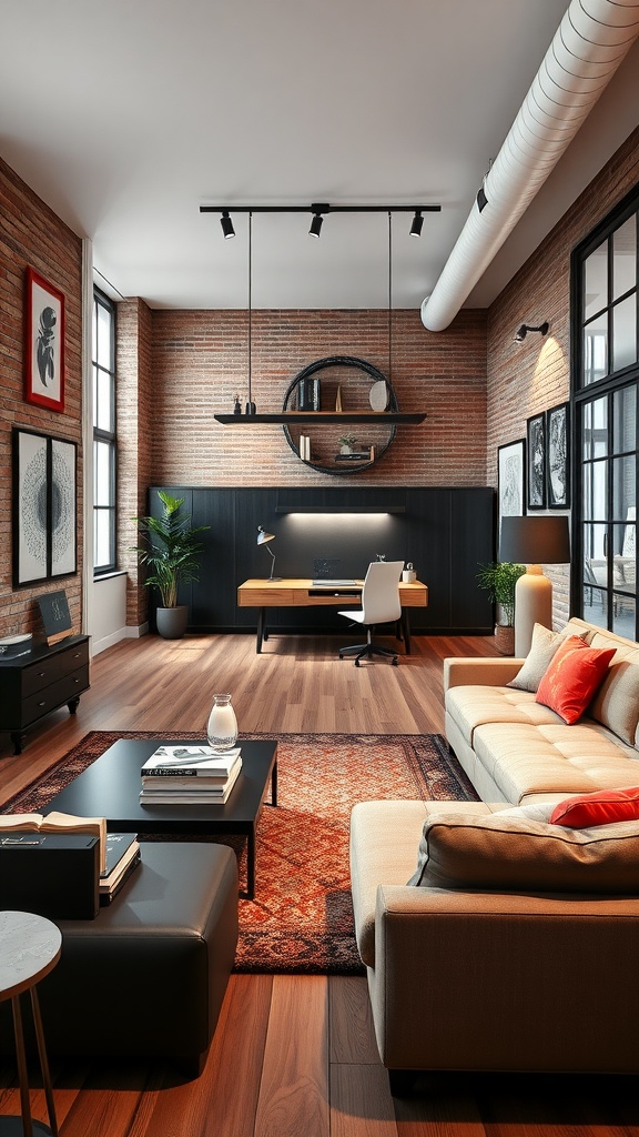 A stylish urban loft featuring a cozy home office with a wooden desk, brick walls, and a chic seating area.