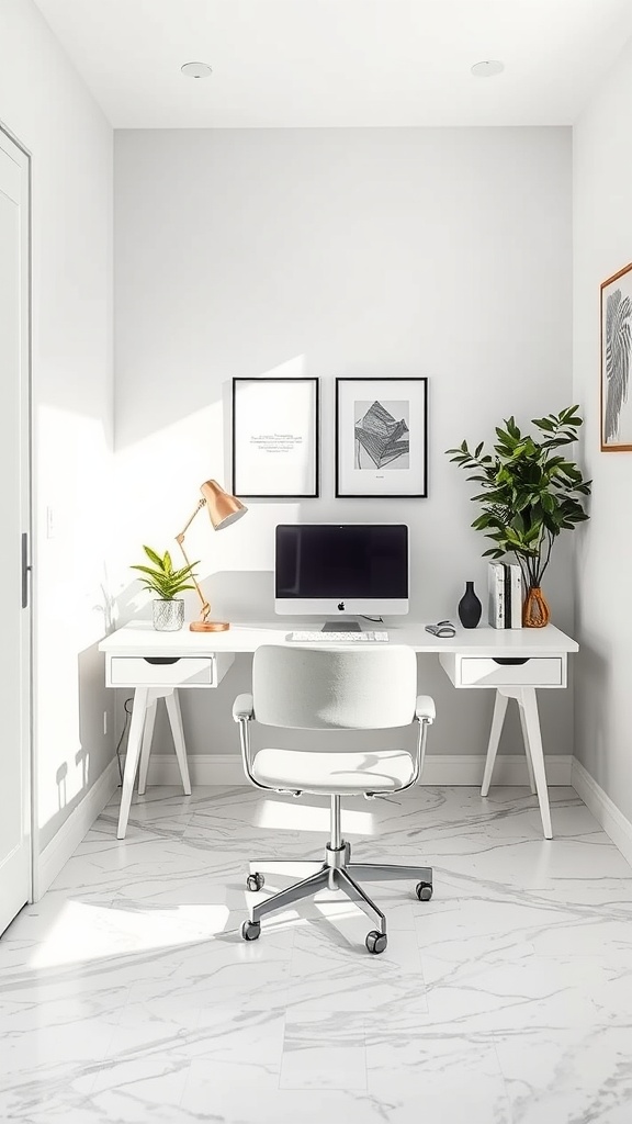 A modern home office featuring light gray marble flooring, a white desk, and stylish decor.