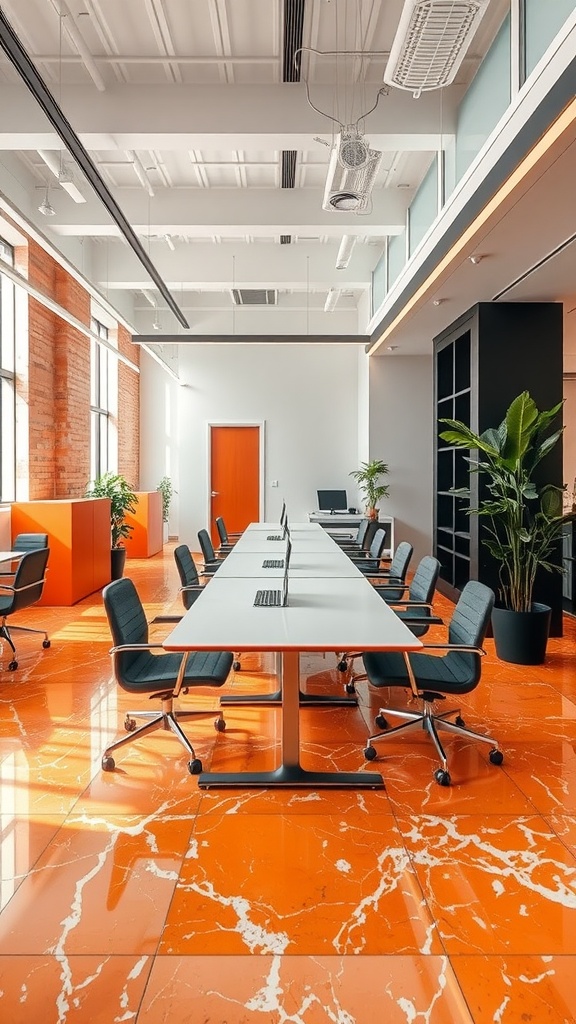 An office space featuring striking orange marble flooring with white veining, complemented by modern furniture and plants.