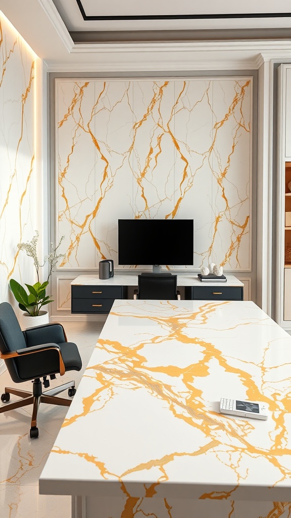 A modern home office featuring Calacatta Gold marble on the desk and wall, complemented by stylish furniture.