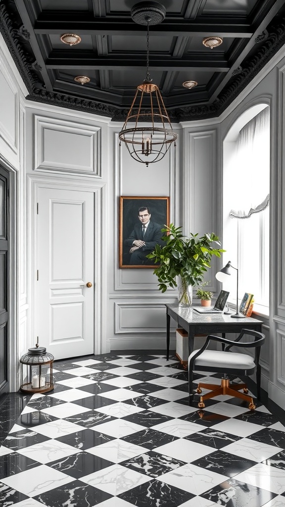 Stylish home office with black and white marble checkered flooring, elegant lighting, and modern decor.