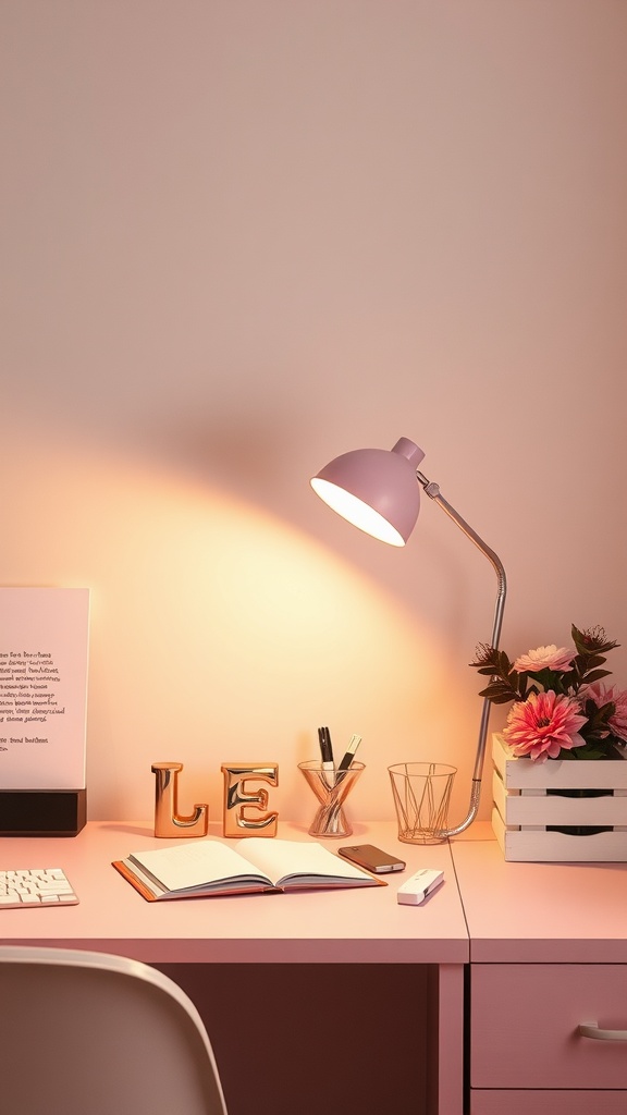 A stylish pink desk lamp illuminating a workspace with a pink desk, flowers, and an open notebook.