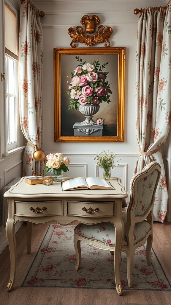 A cozy vintage home office featuring a delicate desk, floral drapes, and a stunning painting.