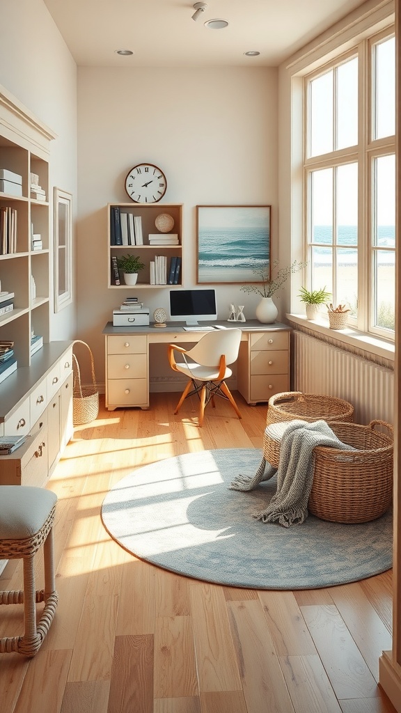 Stylish coastal cottage home office with beige aesthetic, featuring storage solutions and a desk