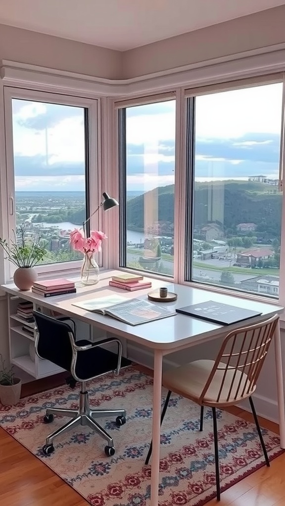 Stylish writing corner with a view featuring a desk, books, and cozy decor