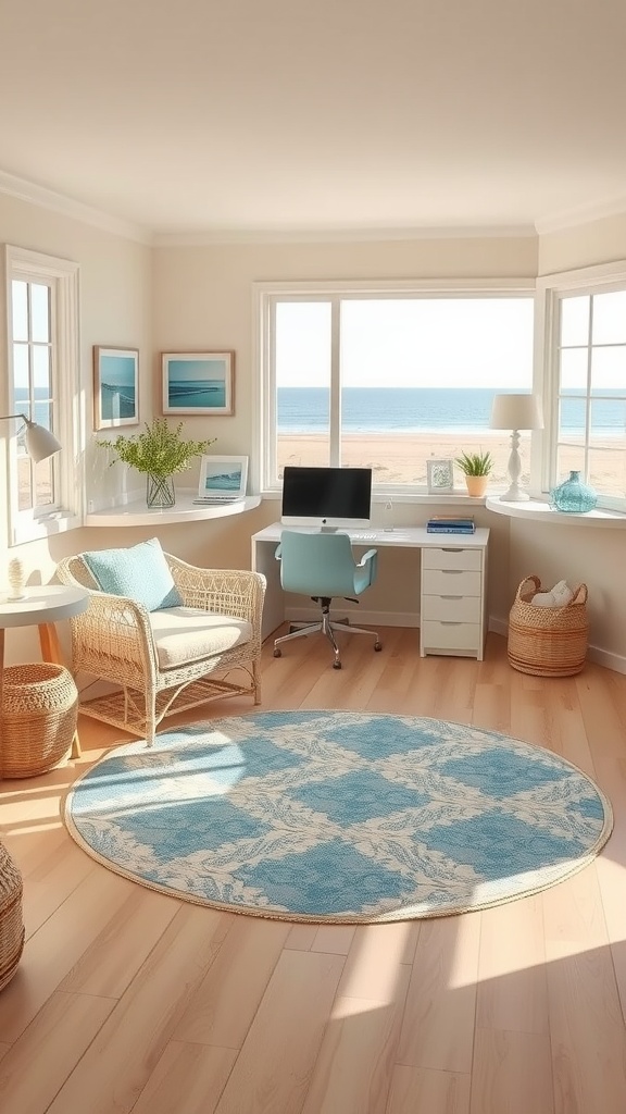 Cozy home office with beachy decor and sea view