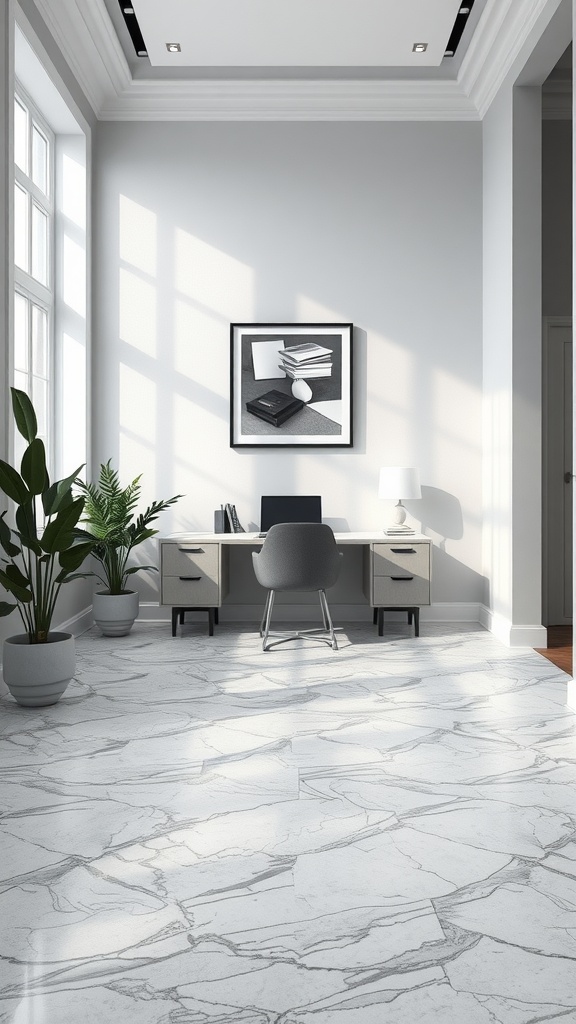 A modern home office with gray marble flooring, bright windows, and contemporary furniture.