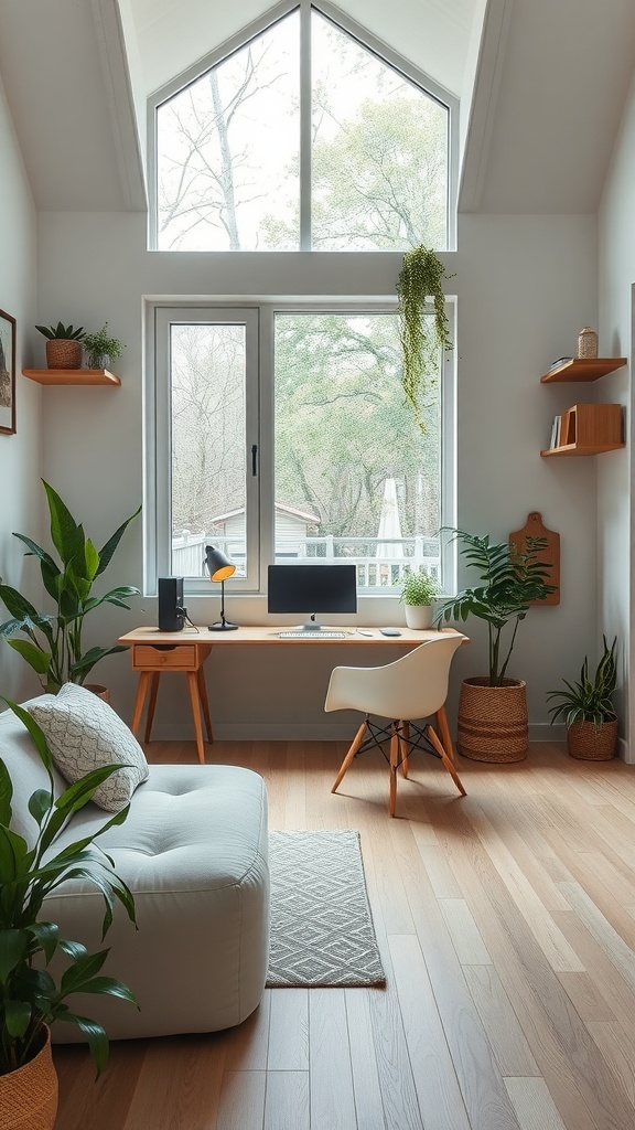 A cozy home office with a desk, computer, and plants, featuring large windows and a minimalist design.