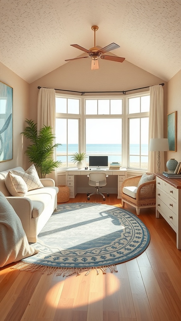 A cozy coastal cottage home office with textured beige walls, a comfortable sofa, large windows, and a desk overlooking the ocean.