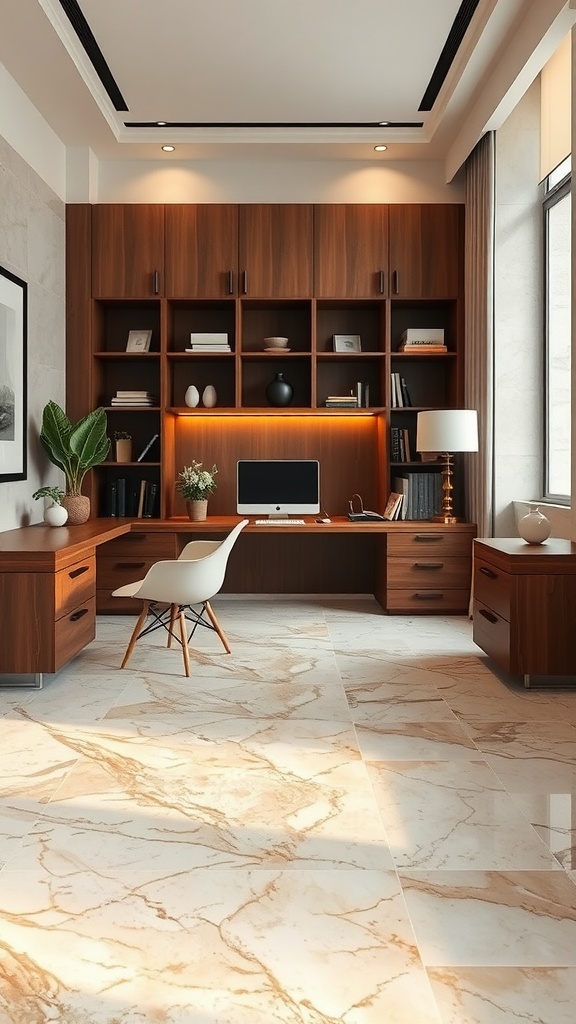 Home office featuring textured cream and brown marble flooring with wooden furniture