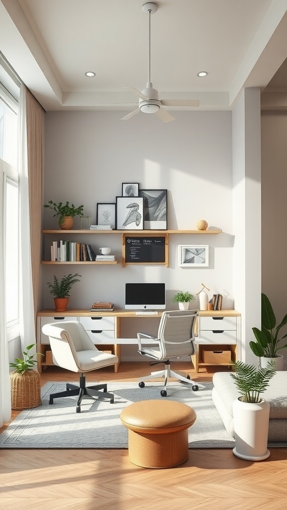 A contemporary home office with a warm color scheme, wooden desk, comfortable seating, and plants, showcasing a stylish workspace.